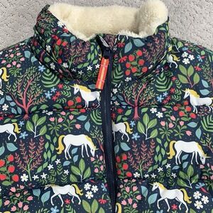 Boden Girls Puffer Jacket Unicorn Floral Print Sherpa Lined Size 13 14Y No Hood